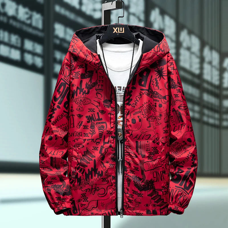 Reversible Graffiti Print Hooded Windbreaker