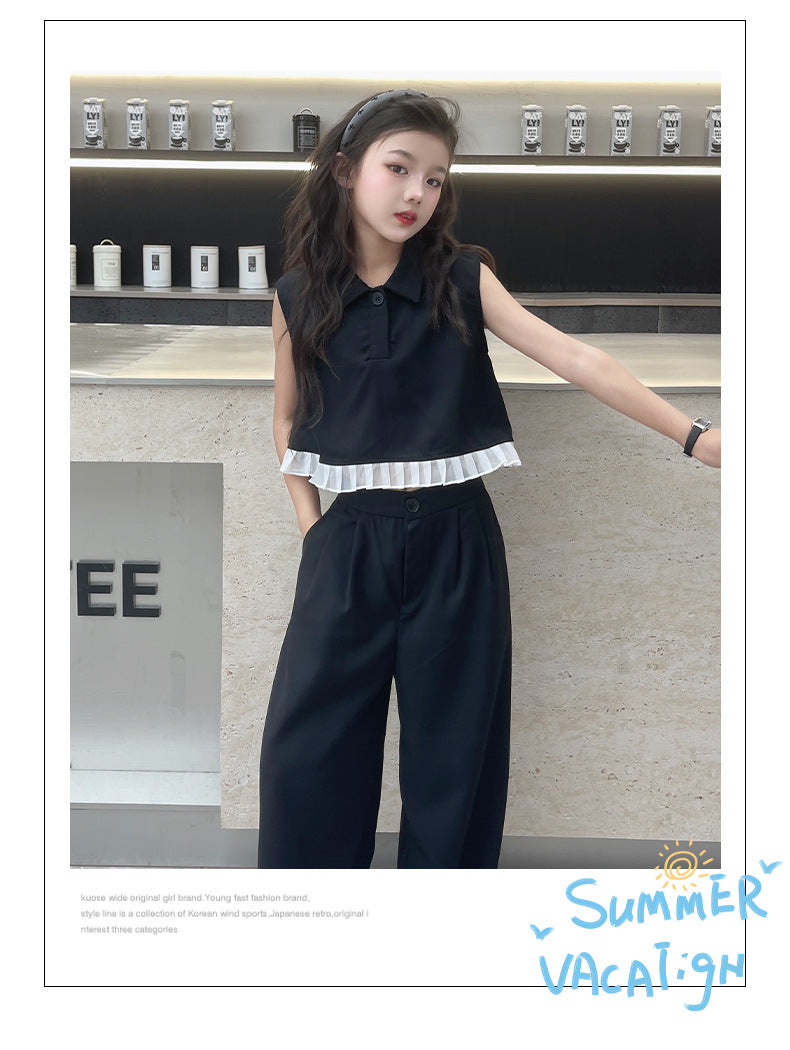 Ruffled Patchwork Sleeveless Top Pants 2pcs