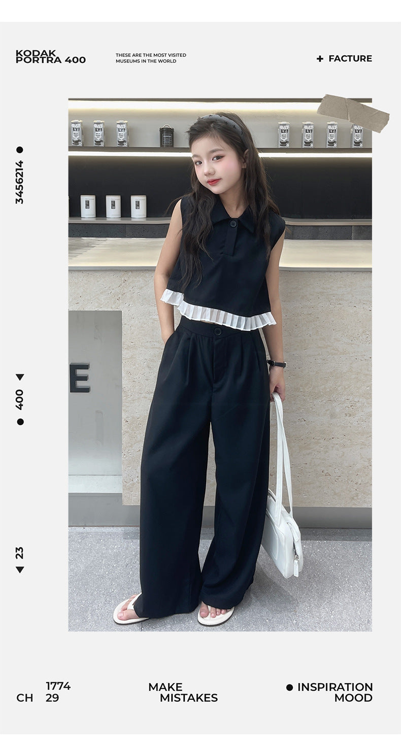 Ruffled Patchwork Sleeveless Top Pants 2pcs
