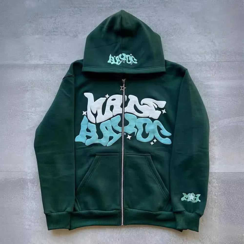American Retro Star and Letter Printed Zipper Hoodies