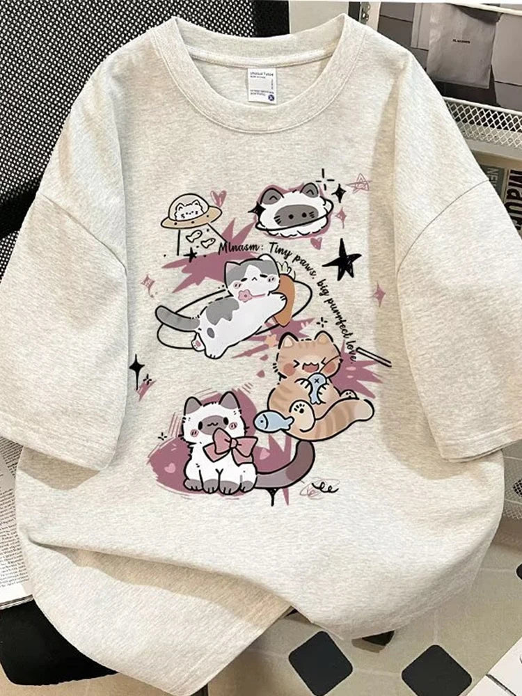 Y2K Style Anime Cat Print Tee