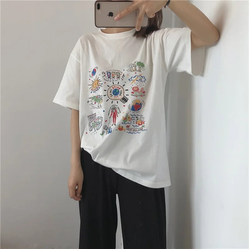 Loose Summer Cartoon Graphic Cotton Shirt