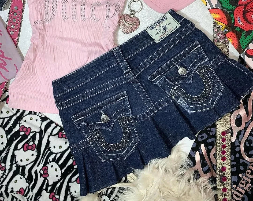 High Waisted Retro Patchwork Zipper Denim Skirt