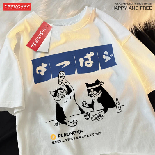 Harajuku Japanese Cat Drinking Graphic Tee