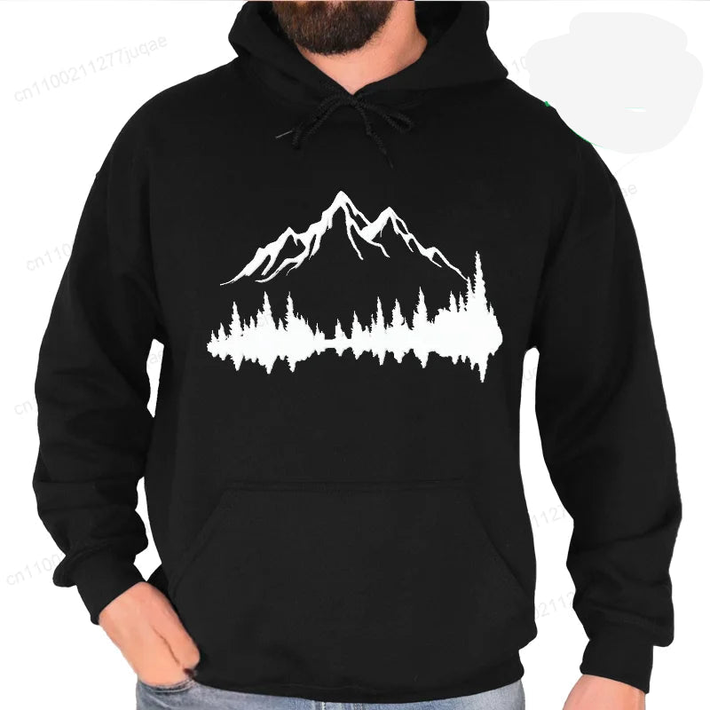 Sporty Streetwear Mountains Graphic Pullover Hoodie