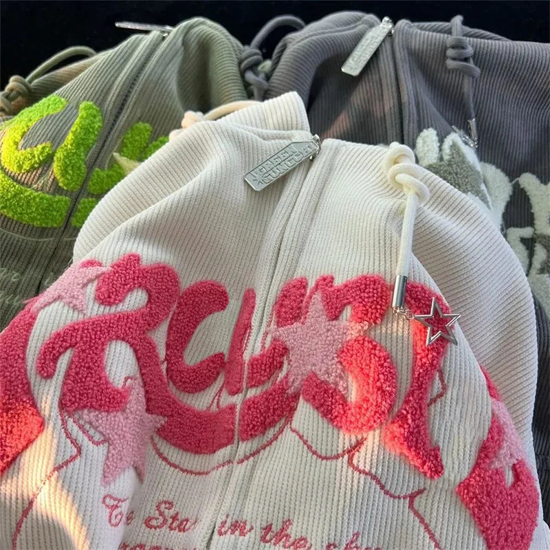 Retro Embroidered Letter Loose Hooded Sweatshirts