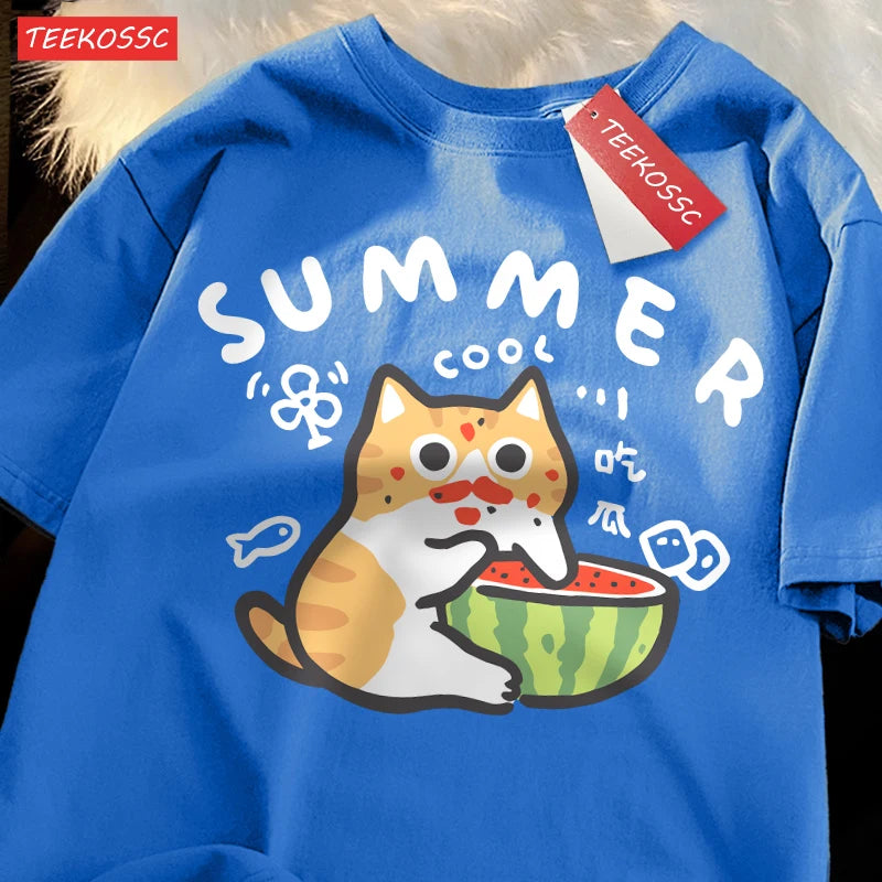 Eating Melons Cats Funny Oversized Tee