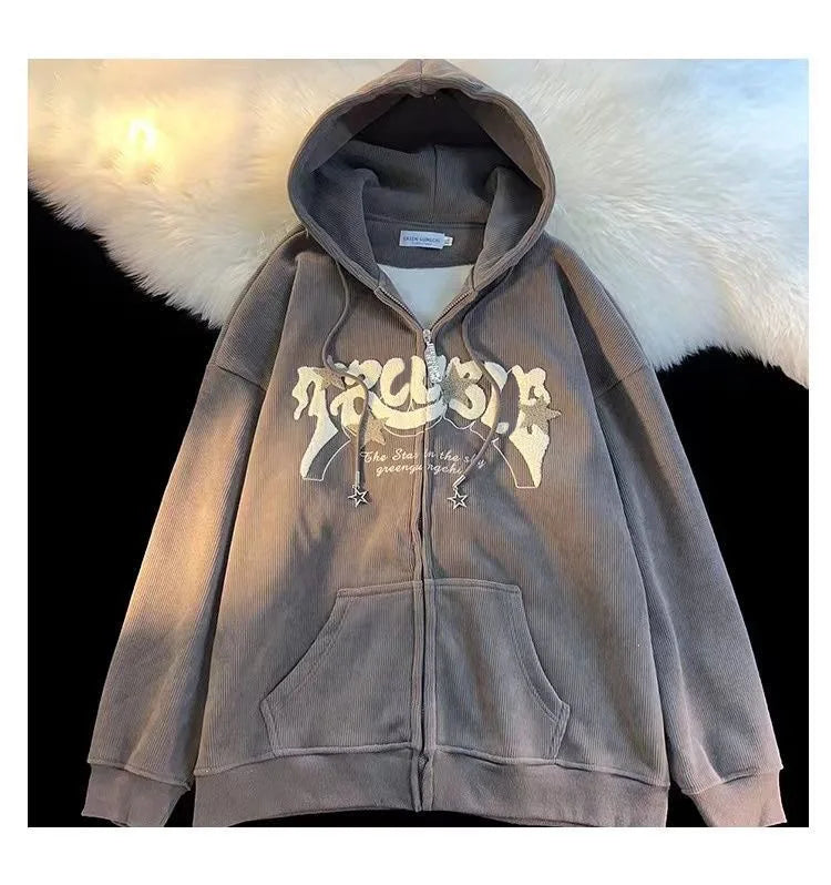 Retro Embroidered Letter Loose Hooded Sweatshirts