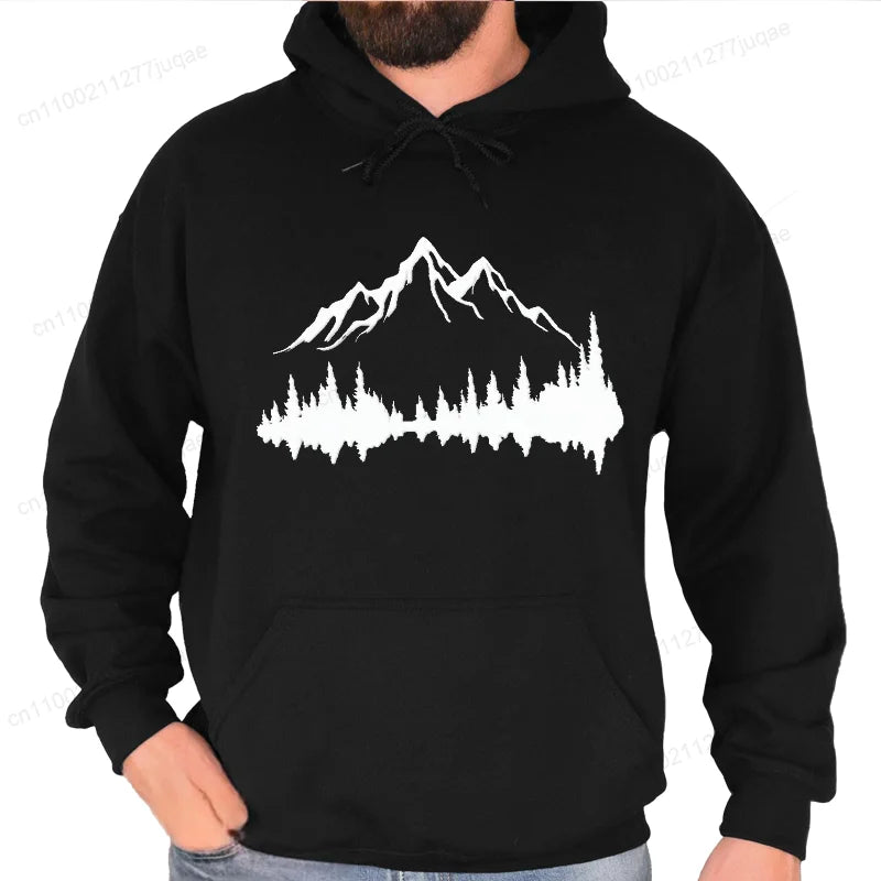 Sporty Streetwear Mountains Graphic Pullover Hoodie