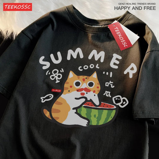Eating Melons Cats Funny Oversized Tee