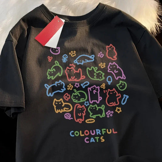 Cute Colorful Cat Couple Summer T-Shirt