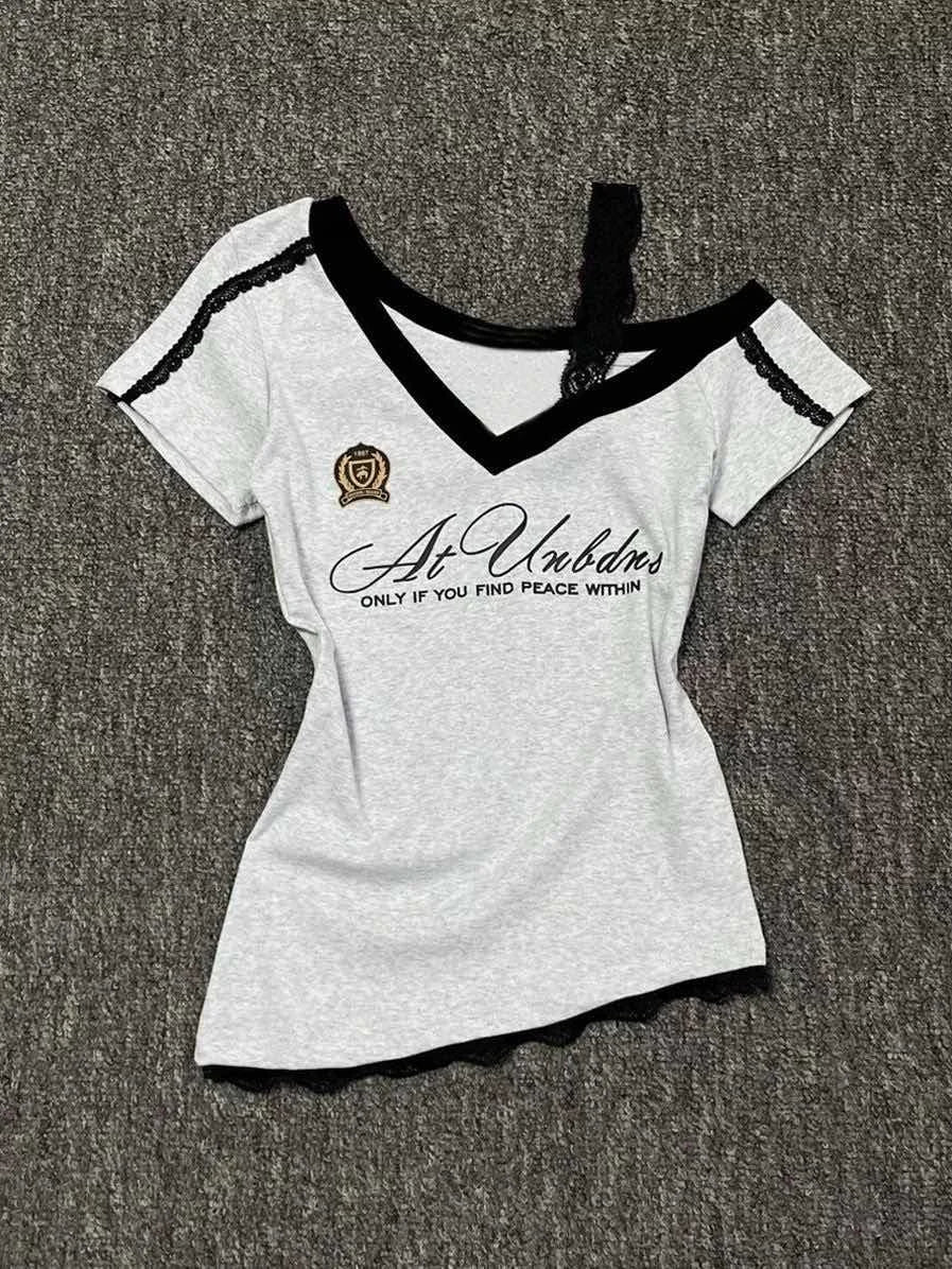Waist Splicing Lace Strap Short Sleeve T-Shirt