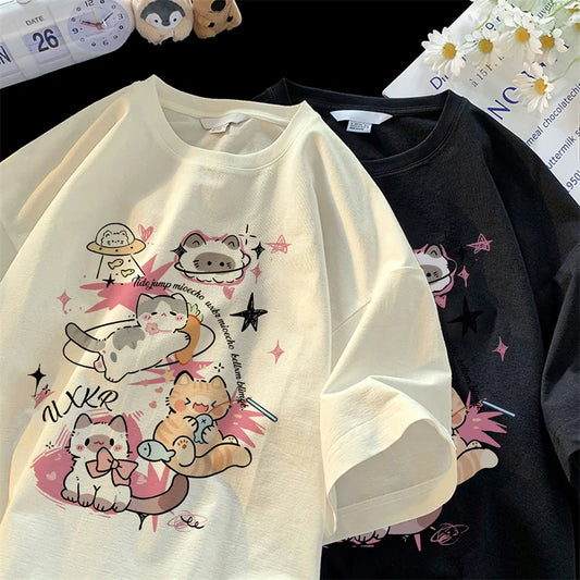 Y2K Style Anime Cat Print Tee