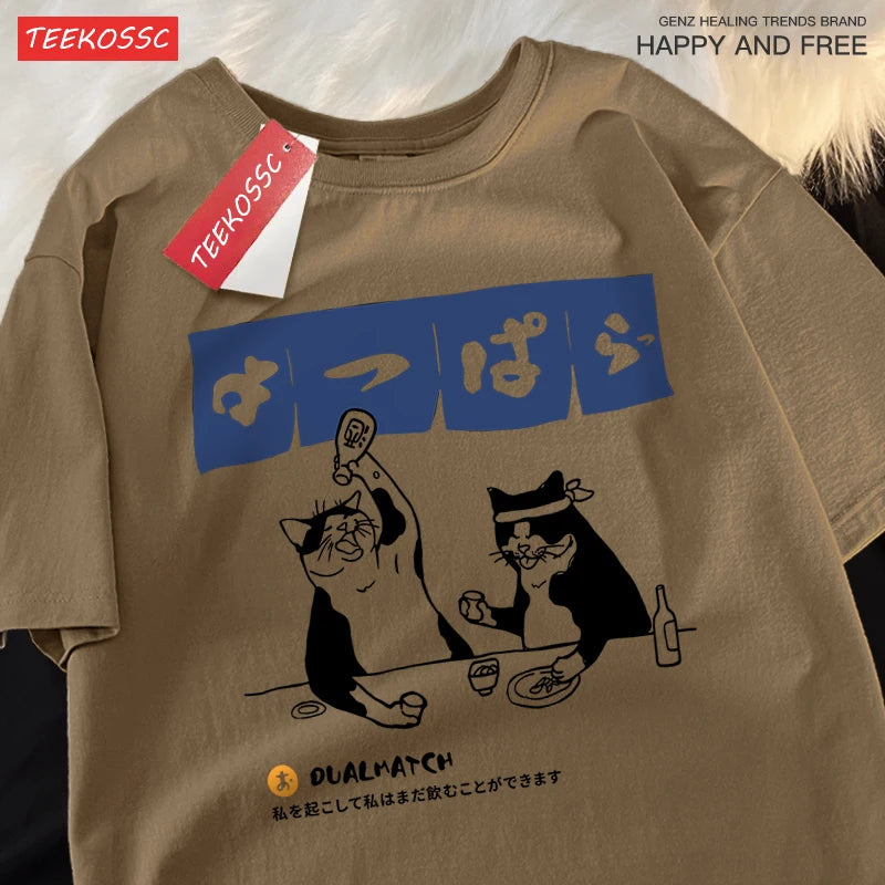 Harajuku Japanese Cat Drinking Graphic Tee