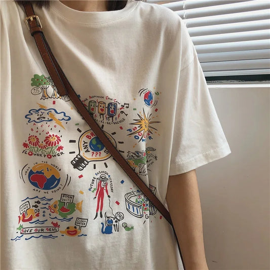 Loose Summer Cartoon Graphic Cotton Shirt