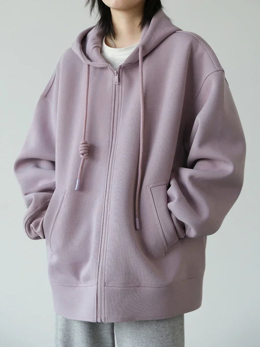 Women Sweatshirts Hoodies Solid Loose Casual Hooded Zipper