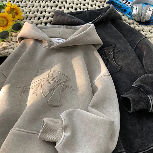 Retro Washed Hooded Sweatshirt Street Style Men Hoodie Letters Embroidery Loose Oversize Hoodies