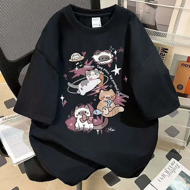 Y2K Style Anime Cat Print Tee