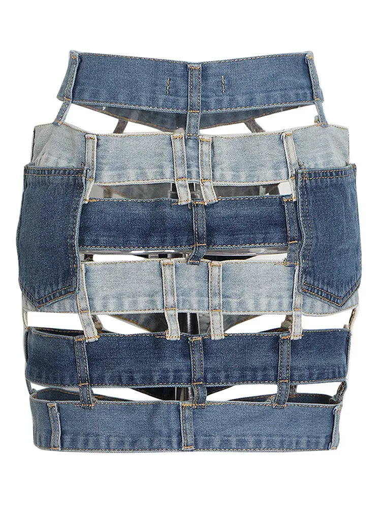 Denim Skirts High Waist Patchwork Buttons