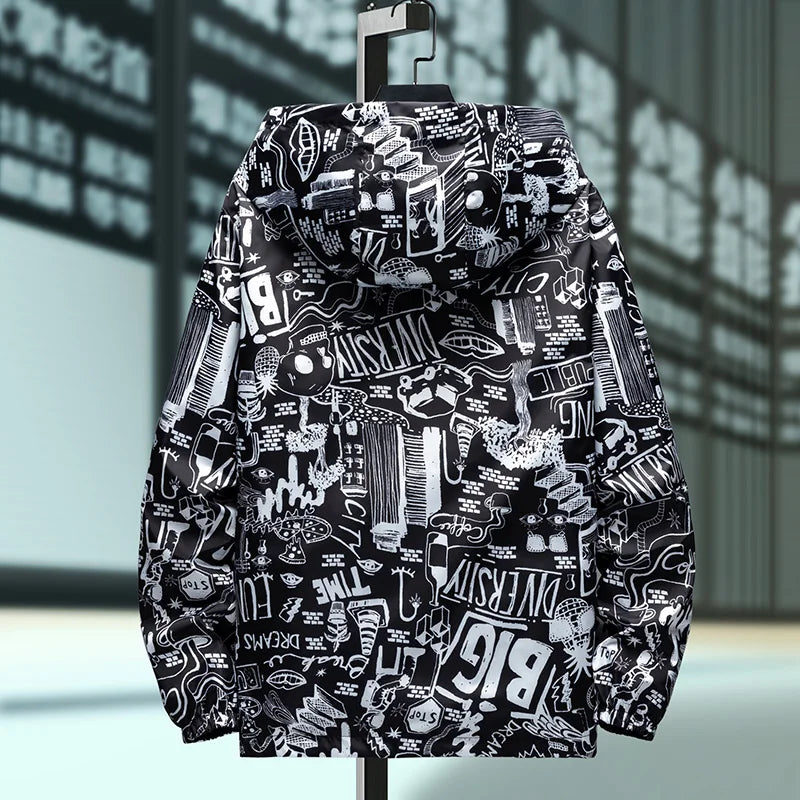 Reversible Graffiti Print Hooded Windbreaker