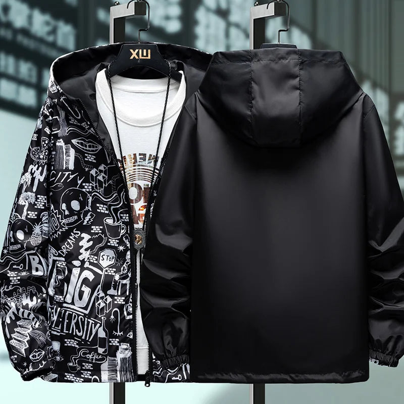 Reversible Graffiti Print Hooded Windbreaker