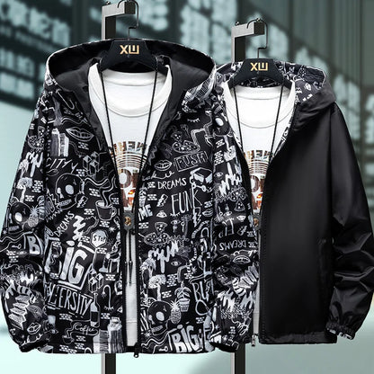 Reversible Graffiti Print Hooded Windbreaker