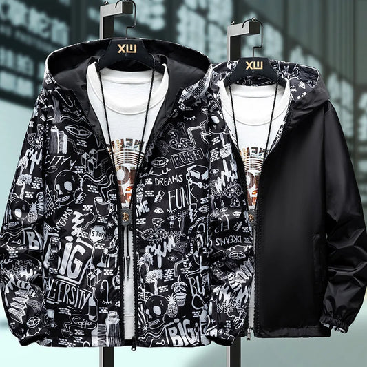 Reversible Graffiti Print Hooded Windbreaker