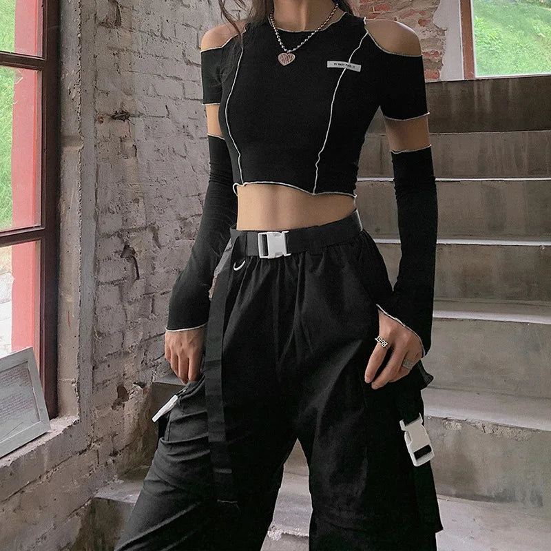 Black T-Shirts Gothic One Shoulder Sleeve Hip Hop