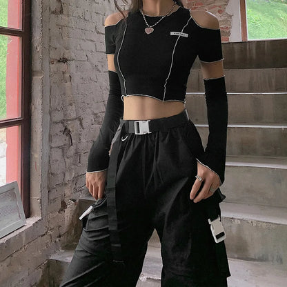 Black T-Shirts Gothic One Shoulder Sleeve Hip Hop