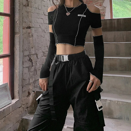 Black T-Shirts Gothic One Shoulder Sleeve Hip Hop