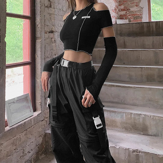 Black T-Shirts Gothic One Shoulder Sleeve Hip Hop