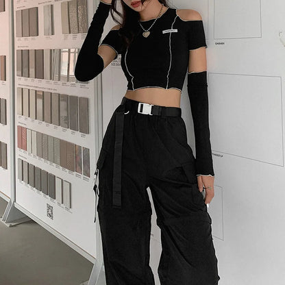 Black T-Shirts Gothic One Shoulder Sleeve Hip Hop