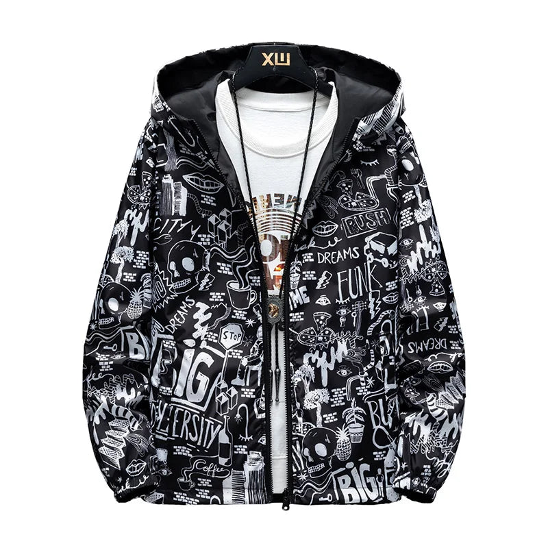 Reversible Graffiti Print Hooded Windbreaker