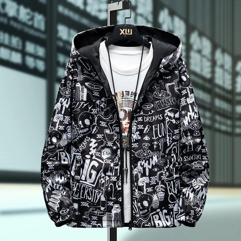 Reversible Graffiti Print Hooded Windbreaker