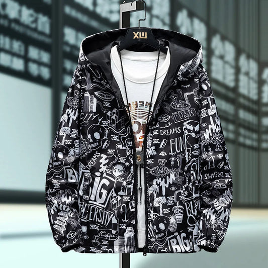 Reversible Graffiti Print Hooded Windbreaker