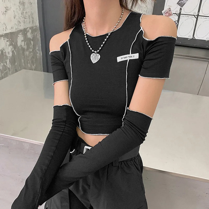 Black T-Shirts Gothic One Shoulder Sleeve Hip Hop