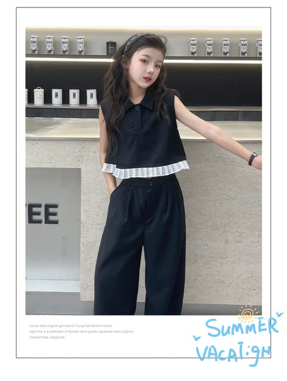 Ruffled Patchwork Sleeveless Top Pants 2pcs
