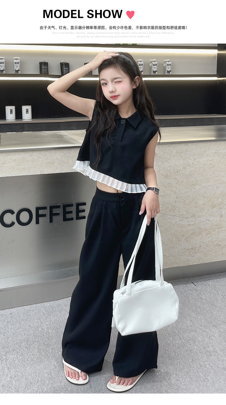 Ruffled Patchwork Sleeveless Top Pants 2pcs