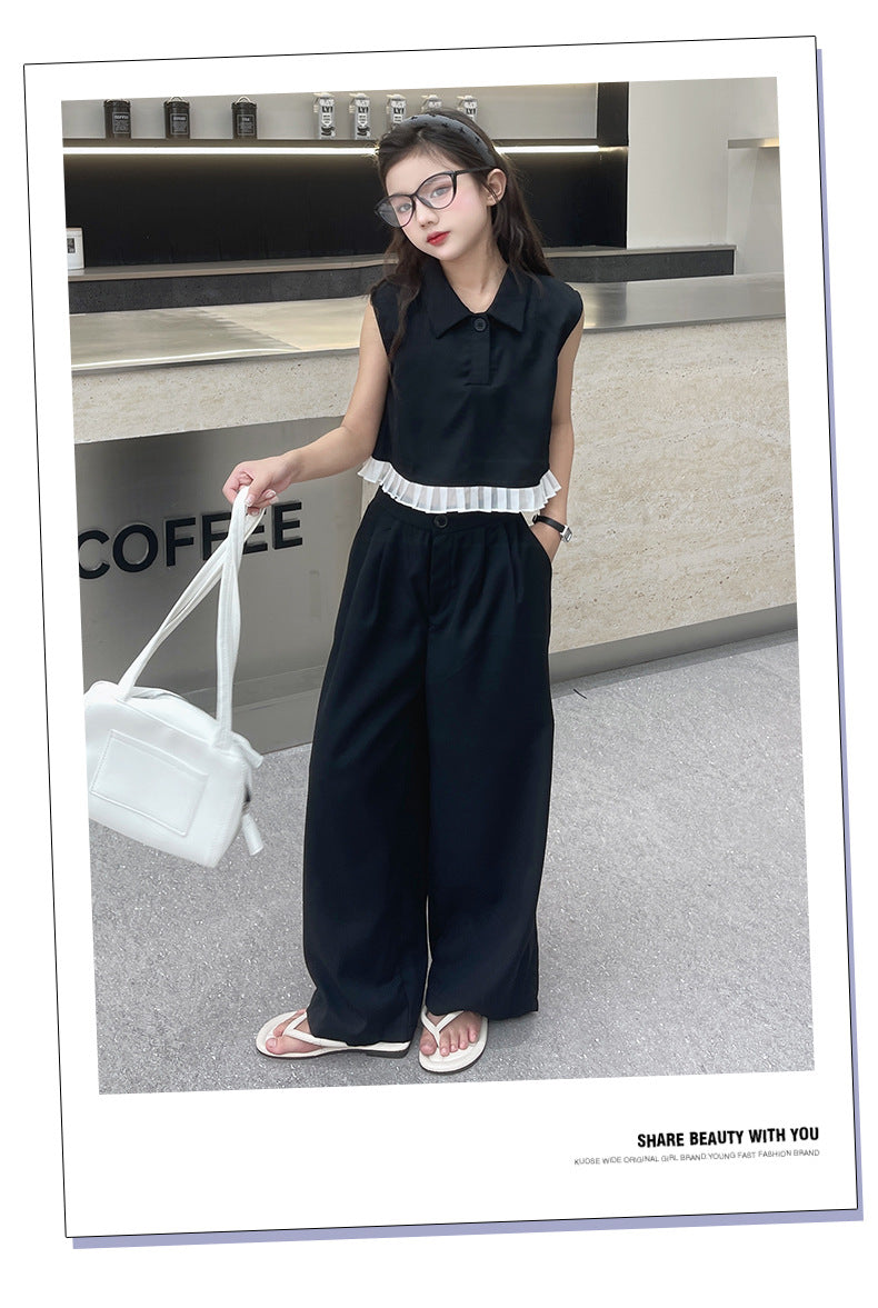 Ruffled Patchwork Sleeveless Top Pants 2pcs
