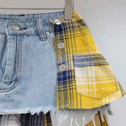 American Retro Streetwear Plaid Patchwork Skirt