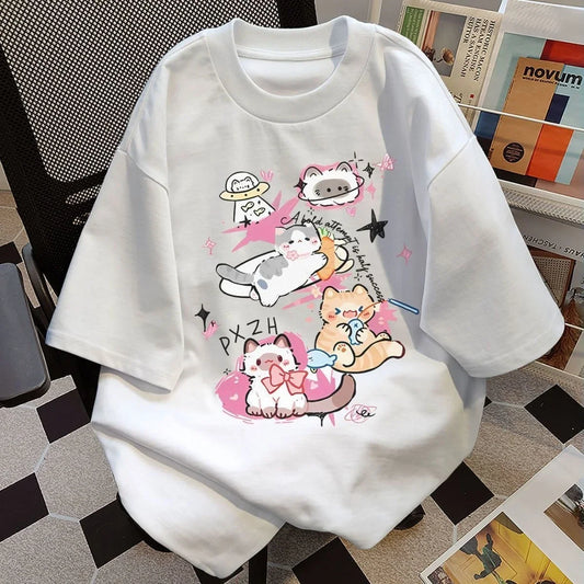Harajuku Style Cat Print Casual Tee