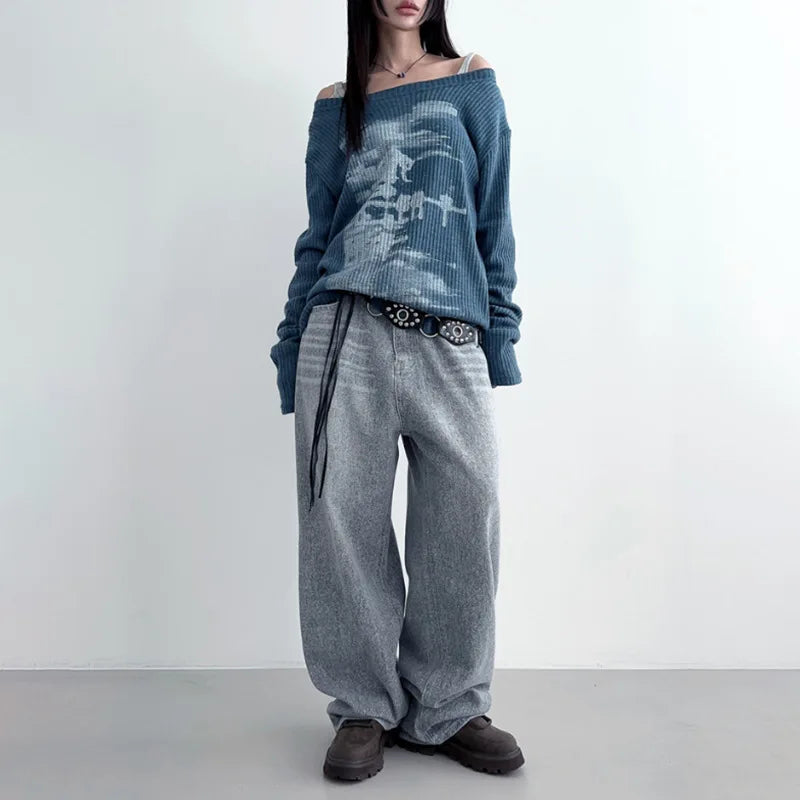 Vintage Streetwear Grunge Skew Collar Tops