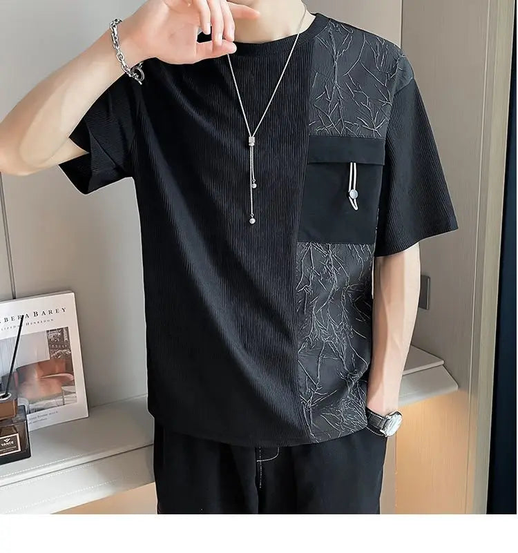 Stylish Round Neck T-Shirt Patchwork Design