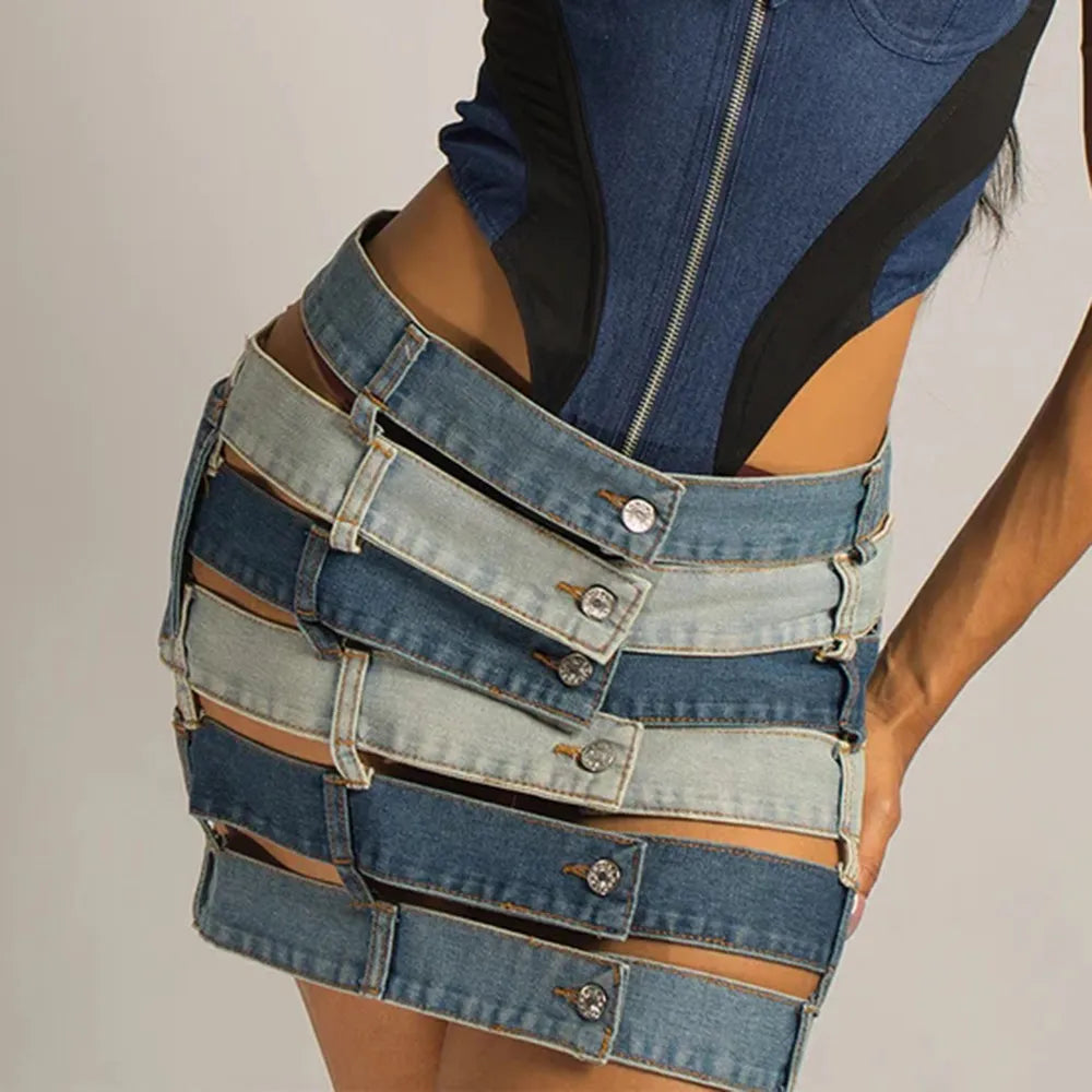 Denim Skirts High Waist Patchwork Buttons