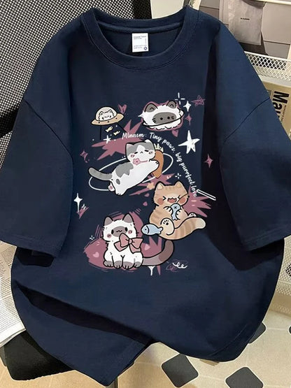 Y2K Style Anime Cat Print Tee