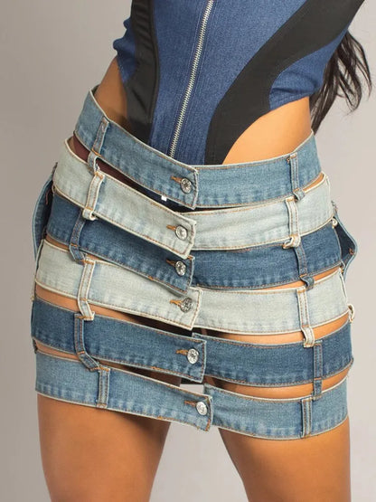 Denim Skirts High Waist Patchwork Buttons