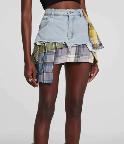 American Retro Streetwear Plaid Patchwork Skirt