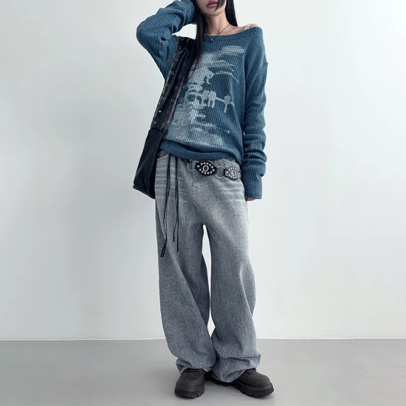 Vintage Streetwear Grunge Skew Collar Tops