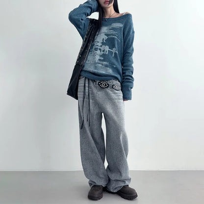 Vintage Streetwear Grunge Skew Collar Tops