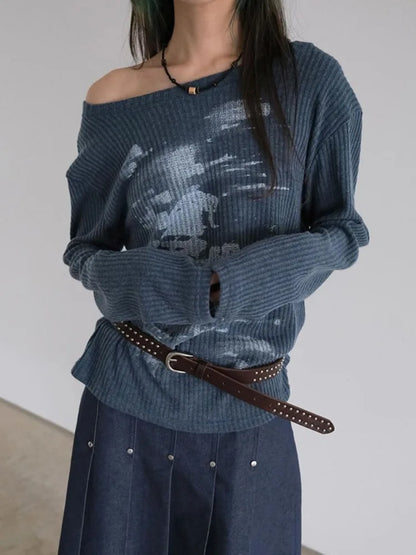 Vintage Streetwear Grunge Skew Collar Tops